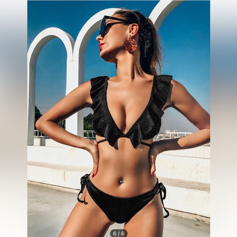 SHEIN Glitter Ruffle Tie Side Bikini Set